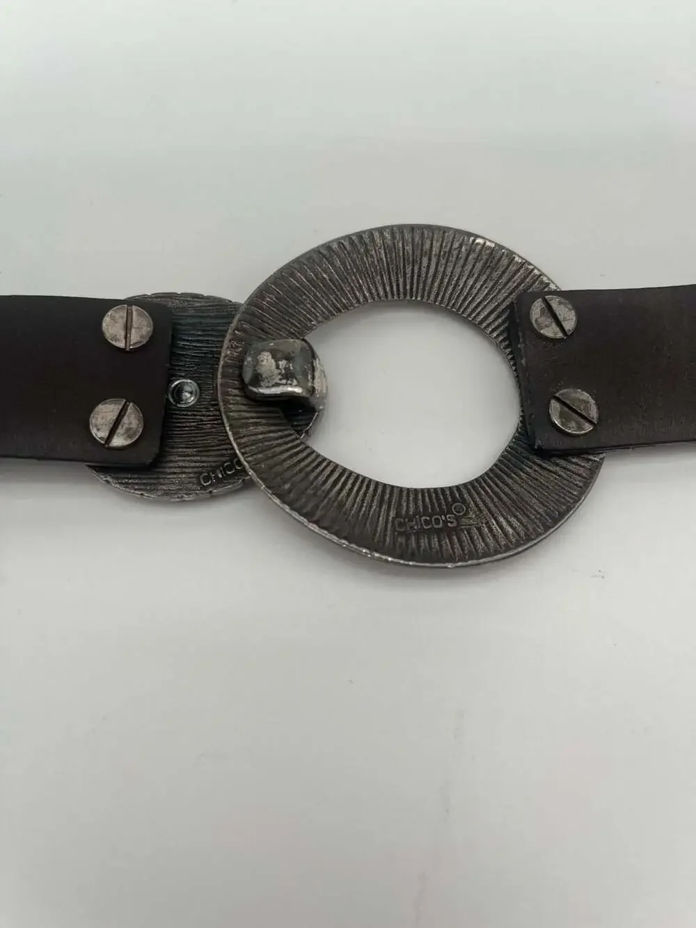 Chico's Black Genuine Leather Adjustable Belt Textured Silver Gold-Tone Buckle
